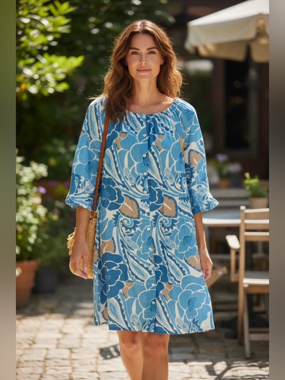 Blue Floral Button-Back Mini Dress